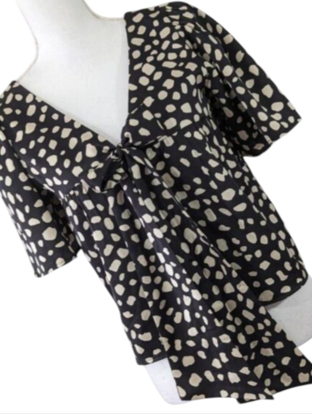 LOFT! BLACK, TAN SATINY PUFF SLEEVE, BOW BACK SPECKLED TOP, BLOUSE, SHIRT! SZ XS